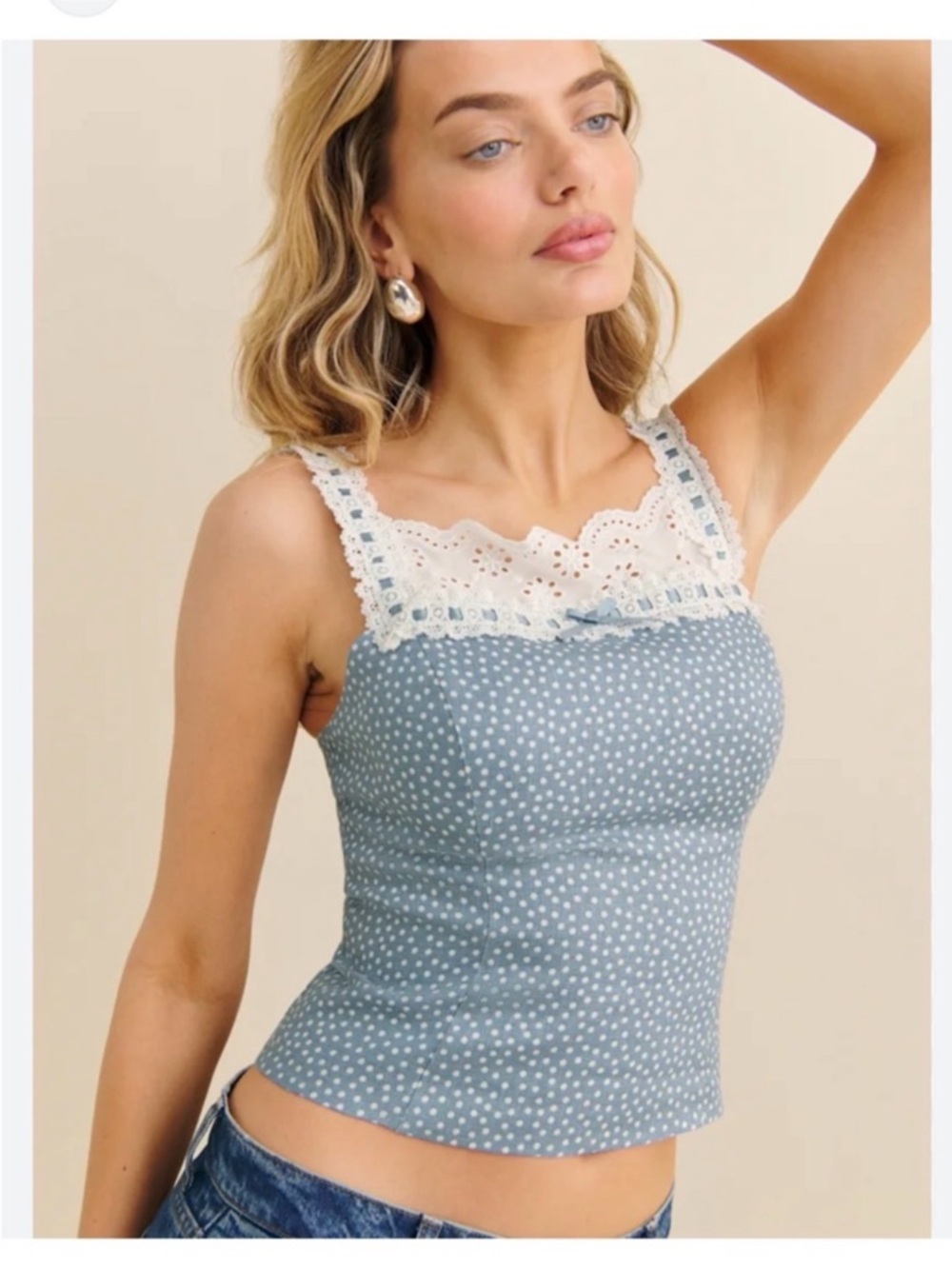 Reformation Blue Polka Dot Lace-Trim Camisole